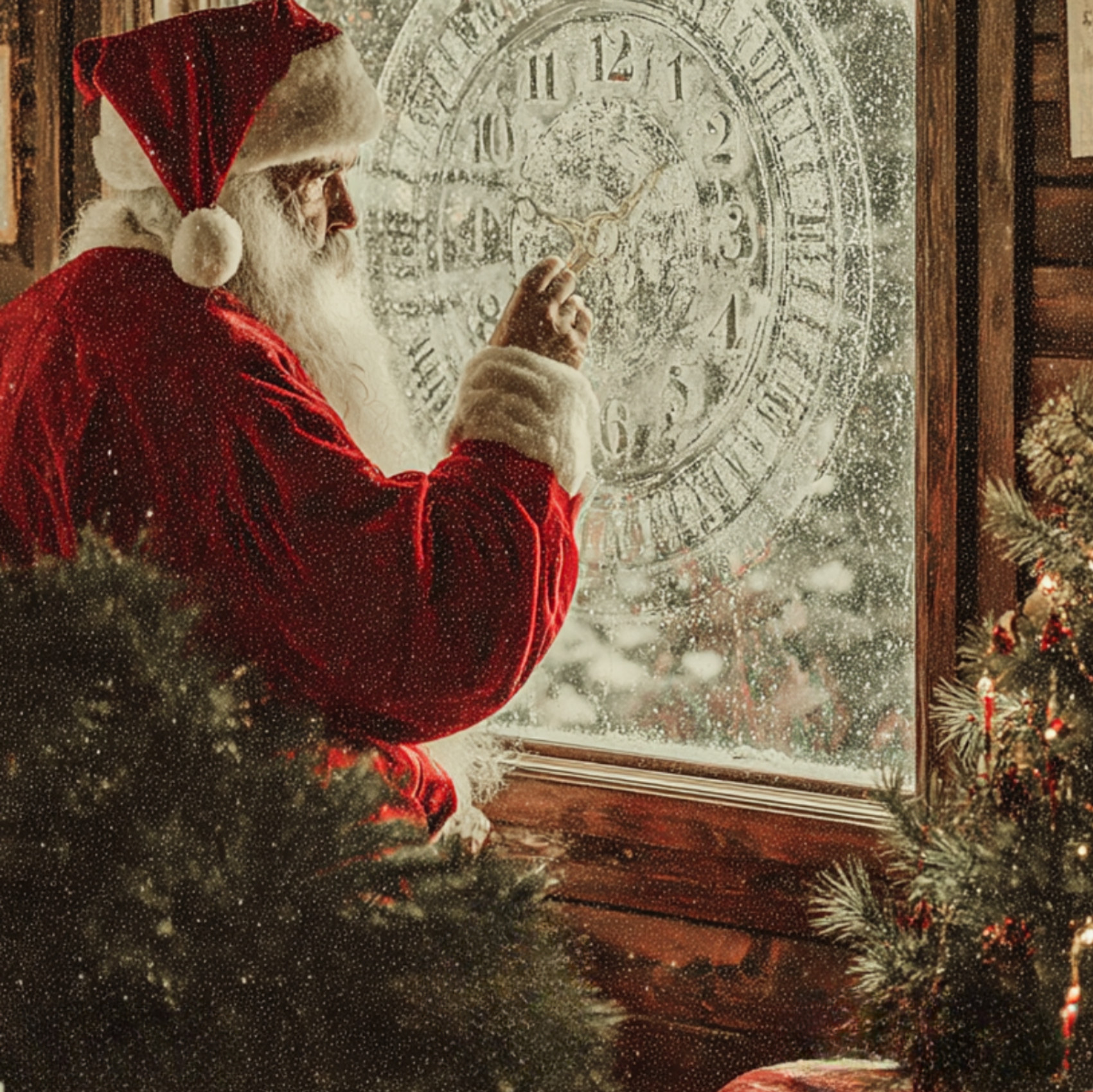 霜の降りた窓の時計に触れるサンタクロース、その傍らにクリスマスツリー